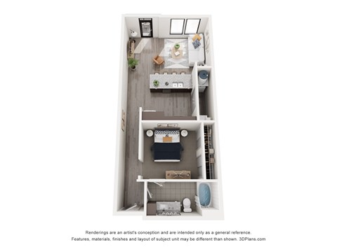 A 3D floor plan of a small apartment with a kitchen, living room, and bathroom.